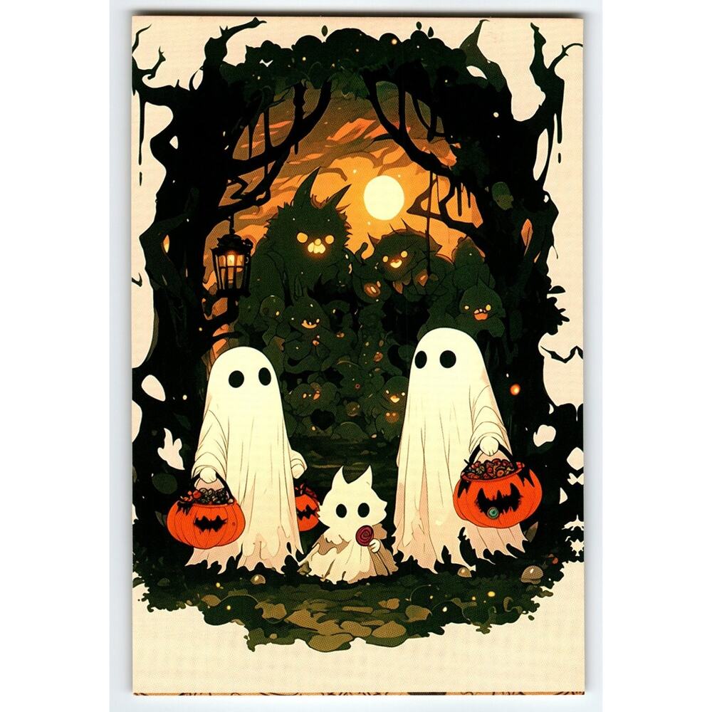 Vintage Halloween Photochrome Postcard with Ghost Trick-or-Treaters